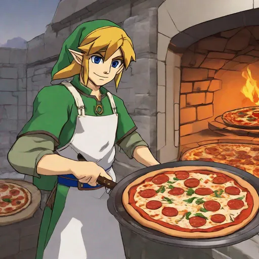 Prompt: Link cooks a good pizza, anime style, cheesy