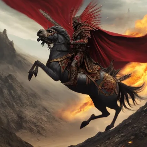 Prompt: A winged hussar riding towards mount doom