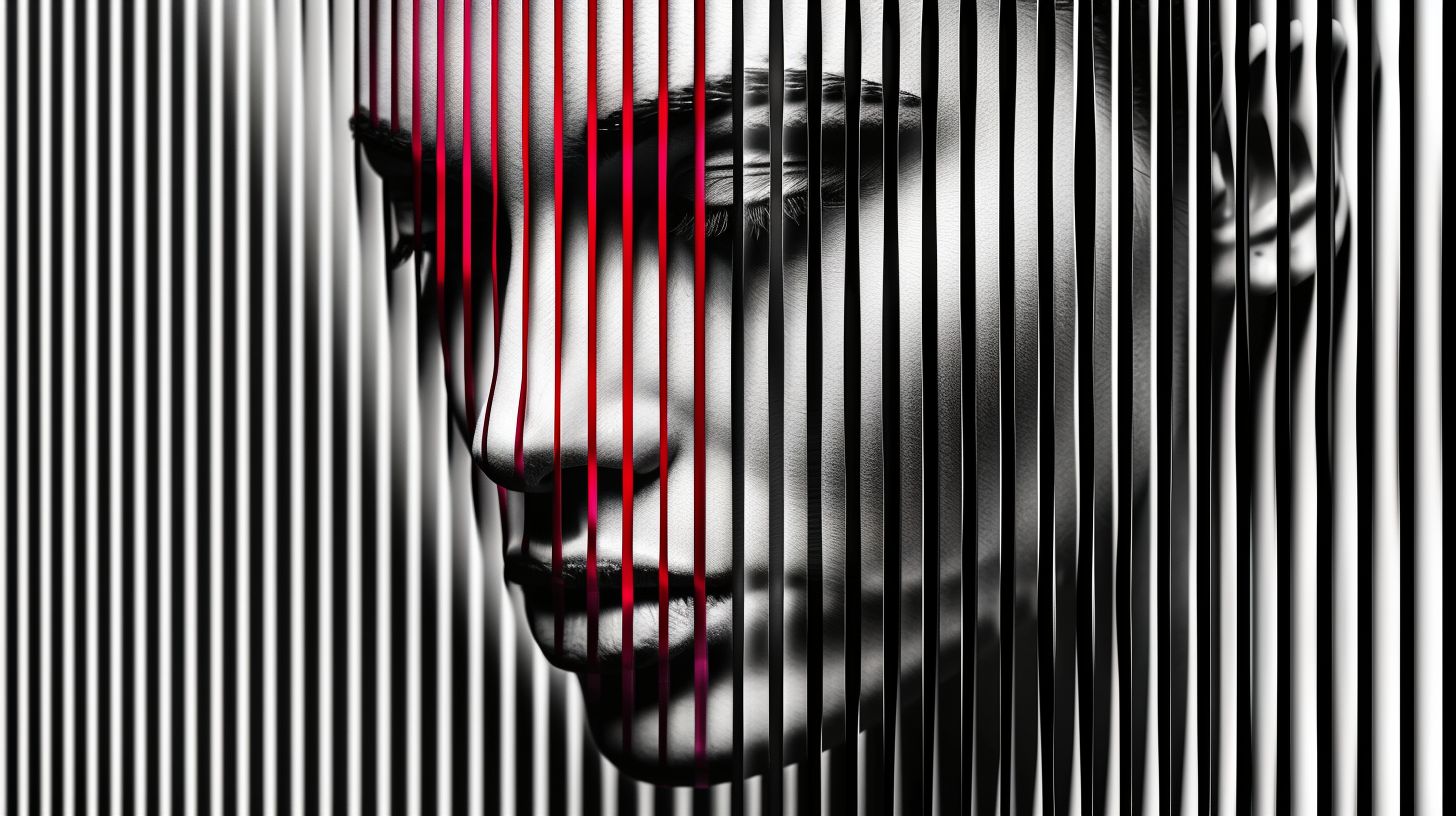 Prompt: A monochromatic portrait captures a figure with defined facial features, juxtaposed against undulating vertical stripes. These stripes, alternating between stark blacks and soft grays, bleed into the form, creating a mesmerizing blend of human and abstract. Bursts of crimson add depth, producing an effect both hypnotic and elusive. --ar 16:9 --sref https://s.mj.run/9cCkzVO84CM --stylize 0