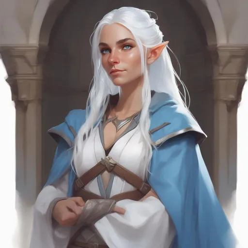 Prompt: dnd a female elf with long white hair in a loose bun and blue eyes wearing a light blue and white robe and a leather chest plate in a church 