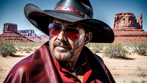 Prompt: 4 Armed Cyber Cowboy, fiery red Poncho, Dressed in black duster and Stetson Cowboy Hat, with Red Sunglasses, Haunting Presence, Photorealism, Hyperrealism, Intricately Detailed, Hyperdetailed, Desert Wild West Landscape, Dusty Midnight Lighting, Filmic, Movie Quality, 8K Resolution, Wild West Feel