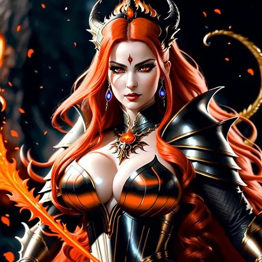 Prompt: A hyper realistic detailed full body image of a posing feminine ((sexy woman)) who has ((fiery orange in eyes)), ((black in hair)) with ((sexy fantasy armor outfit)) with a plunging neckline, dragon queen, blood dripping on face, fierce decisive face expression, highly detailed, digital painting, Trending on artstation, HD quality, ((Yennefer)), ((by Prywinko)), ((huge breast)), ((sexy)),