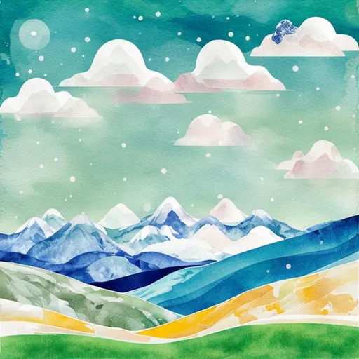 Prompt: A snowy mountain and happy sun and a bright blue sky and green fields and a small calico cat. Created to look like a water-color painting.