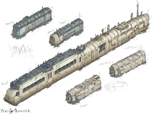 Prompt: Designs for a dystopian survival game, epic post apocalyptic trains, turrets, steampunk, scavenged. huge in scale, Concept art, game design. 