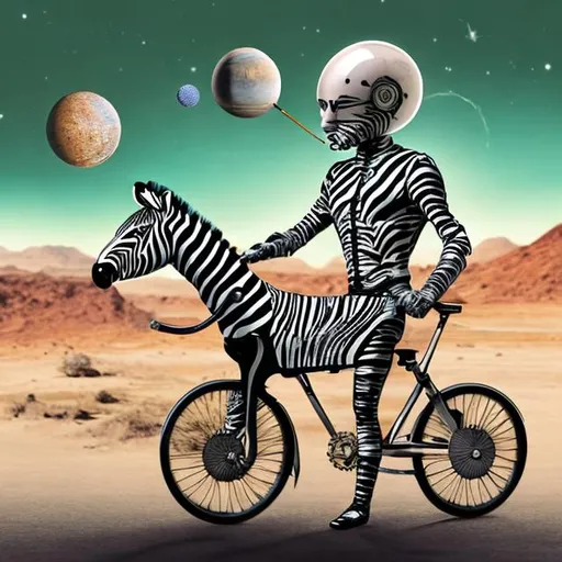 Prompt: Half man half zebra robot riding a bicycle made of the solar system while smoking a pipe