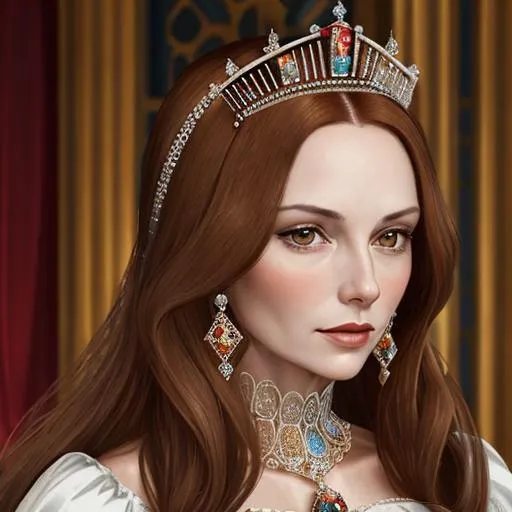 Prompt: Royal queen Katherine Parr, attractive 35 year old, brown hair, wearing a tiara and beautiful jewels, 16th century, facial closeup