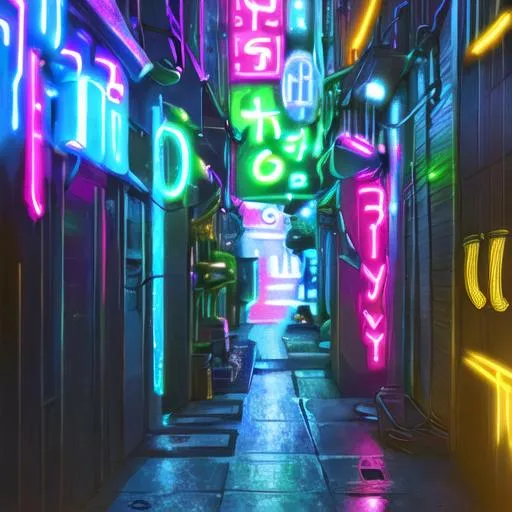 Prompt: neon alleyway with lots of lights