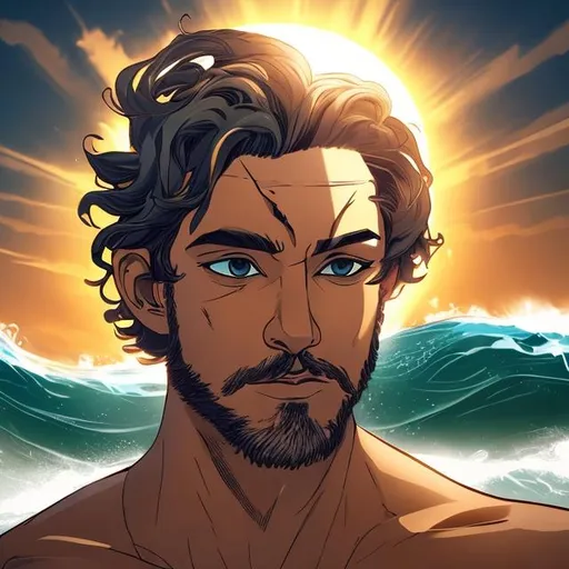 A god with short hair and short beard merging with a...