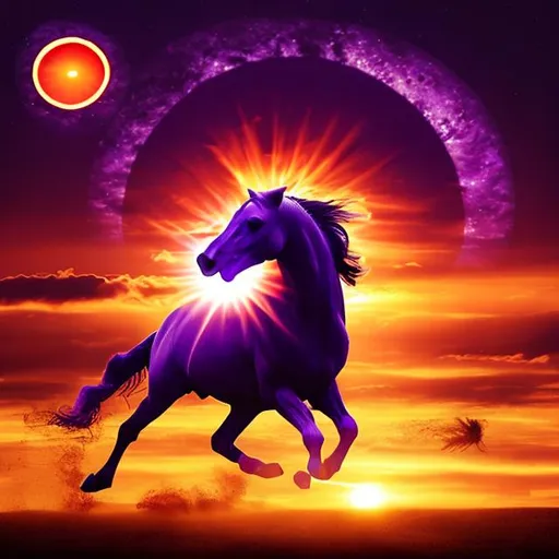 Prompt: Purple  colour sun with hands and horse running in front of sun