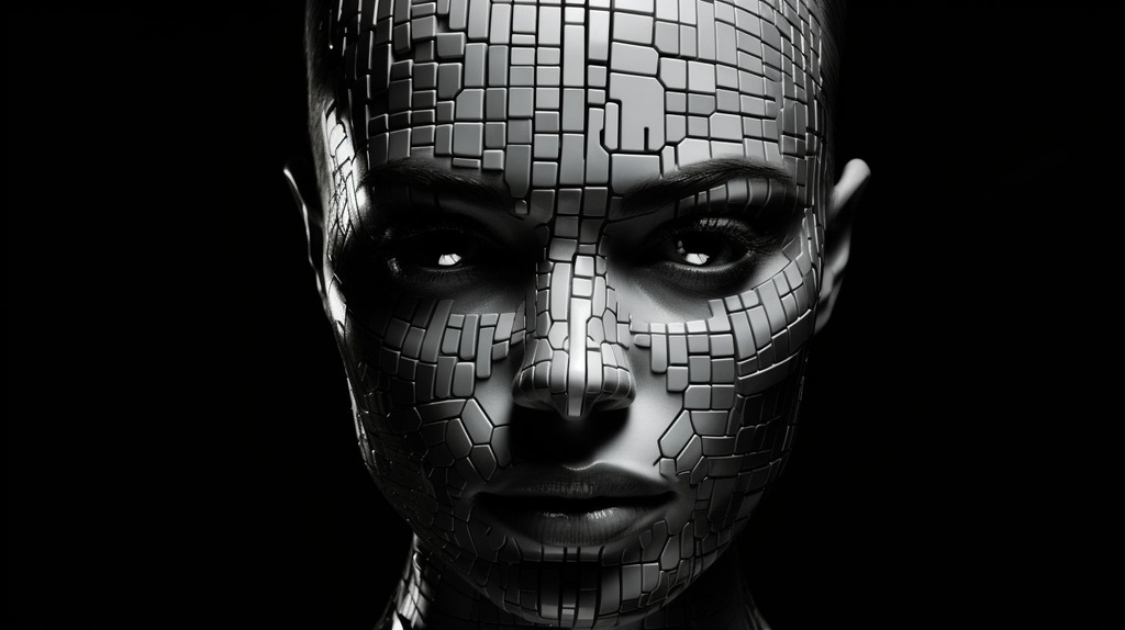 Prompt: a woman with facial skin has a computerized face, in the style of black and white imagery, futuristic robots, algorithmic artistry, national geographic photo, wealthy portraiture