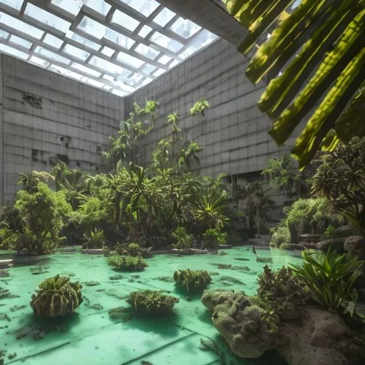 Prompt: wide angle shot of concrete brutalist architecture, flooded with Crystal clear water and overrun by plants 