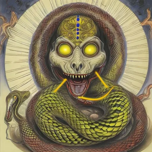 Prompt: Kundalini serpent comming from a mans mouth, 3rd eye opened