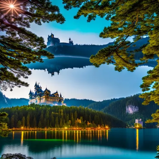 Prompt: An enchanted large castle surrounded by stunning landscape scenery, idyllic blue lake with crystal clear water that gives a mirror image reflection of the magnificent castle. Bright night sky with the moon glowing in the heavens. Intricately detailed, hyper realistic, extremely photorealistic. Golden ratio. Dramatic, volumetric, cinematic, natural lighting. Far, long shot sharp focus, wide angle landscape pov. Contrasting, dramatic, vibrant colors. Dramatic, cinematic and volumetric lighting, matte type photo. HDR, 16K, UHD. Depth of field, deep shadows. Elegant, smooth and energetic mood. Unreal Engine 5 rendering. Maximalist, award-winning, epic composition. Unsplash, 500px, stable Diffusion and National Geographic trends.