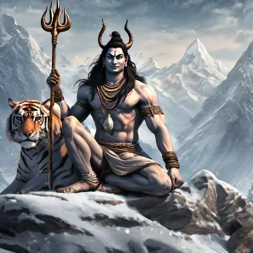 Prompt: hyper realistic, lord shiva, mountain background, sitting over tiger skin, snow background, trident, 