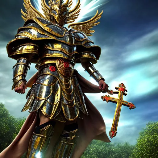 Prompt:  Extremely detailed godly armor, HDR, UHD, 64K, highly detailed ultimate winged king holding realistic big cross, rhads, global illumination, forest, akira toriyama, crystals explosion 