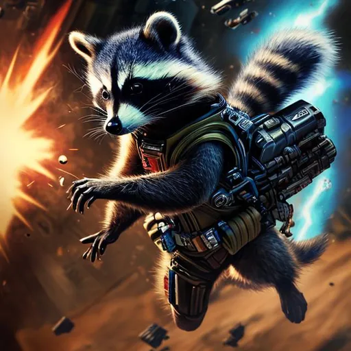 Prompt: rocket small racoon, extreme detail, chiaroscuro, bionic, space, holographic, bounty hunter, action shot, blaster
