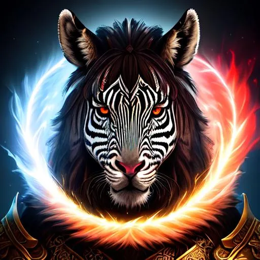 Prompt: an anthropomorphic Zebra, mythological creature, large head, red glowing eyes, chest armor, muscled, highly detailed face and fur, dark skin, chiaroscuro, volumetric lighting, d&d character, oil on canvas, intricate detail
