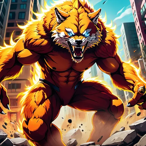 Prompt: Comic Art, (action-packed scene), Medium shot, (Superhero fighting a large wolf-like monster), vibrant colors, bold outlines, dramatic perspective, cinematic lighting effects, high energy atmosphere, explosive action, intense expressions, detailed costume design, motion blur effects, (ultra-detailed), detailed background with urban setting,