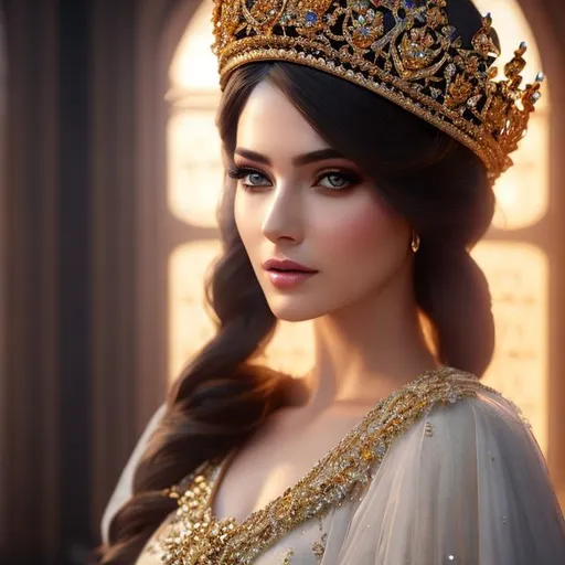 Prompt: create beautiful fictional female with crown, with extremely detailed gown, extremely, detailed environment, detailed background, intricate, detailed skin, natural colors , professionally color graded, photorealism, 8k, moody lighting


