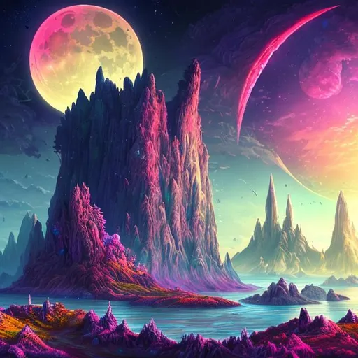 Prompt: Fantasy planet landscape with ship and moon, beautiful, colorful, fantasy art, digital painting, hyperrealism, hyperdetailed, landscape, photorealistic, psychedelic, radiant,  vibrant, Has trees and an island, abandoned ship, has a mountain in the background, with a city carved in it, and the vibrant moon behind it