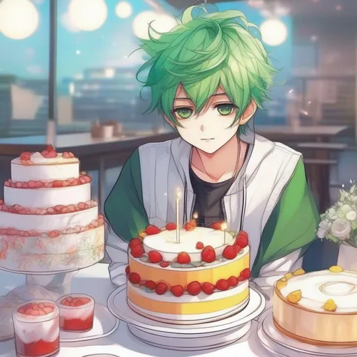 Prompt:   anime boy manhwa style cute and pretty, with eye pretty detailed,  slide of cake , with green hair, Bright style, 