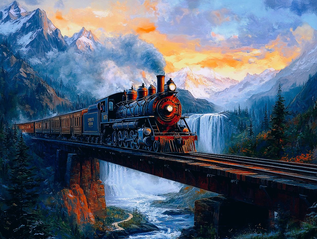 Prompt: 8K, photorealistic style, high quality, highly detailed, wide angle shot with a panoramic view. A rusty, old steam engine locomotive is exiting a mountain tunnel and beginning to cross a large wooden bridge at sunset. The bridge crosses a river that is from the large waterfall in the background cascading over the mountain cliffs. The blue hour and golden hour sunset lighting cast shades of orange, yellow,  light purple and light blue in the sky causing the river and waterfall to reflect the colors. 