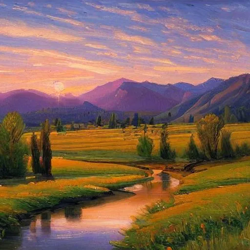 Prompt: A detailed Idaho landscape at sunset with a stream in the style of Peder Mork Monsted