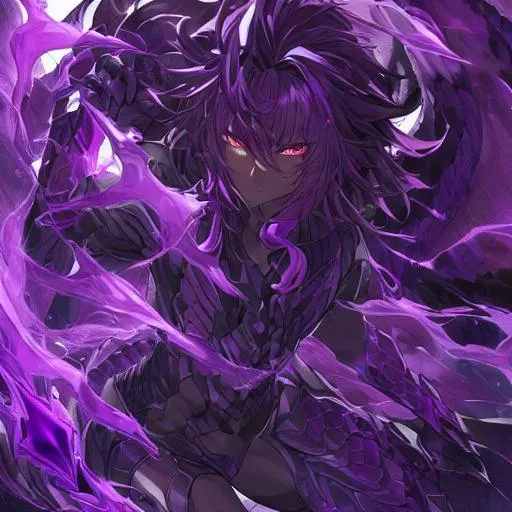 Prompt: HD highly detailed master piece of a dark skinned male  dragon born with purple draconic eyes and purple hair, has dragon armor