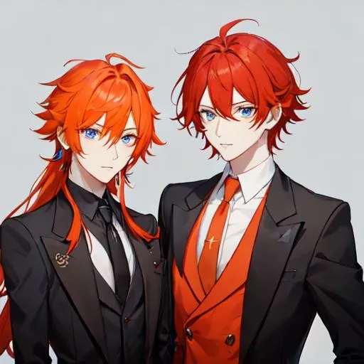 Prompt: Zerif 1male (Red side-swept hair covering his right eye) and Erikku 1male (short orange hair, blue eyes) wearing black suits at a wedding