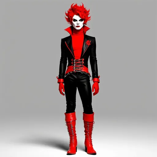 Prompt: Homestuck. Kankri Vantas. Grey skin,Fullbody view, plain background. Drag makeup, high quality render. Rupaul's drag race. Male. Fabulous red and black outfit, boots