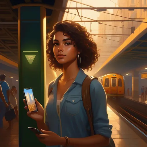 Prompt: Third person, gameplay, Brazilian girl, tan skin, curly brown hair, brown eyes, 2020s, smartphone, Rio de Janeiro subway station, foggy, golden atmosphere, cartoony style, extremely detailed painting by Greg Rutkowski and by Henry Justice Ford and by Steve Henderson 