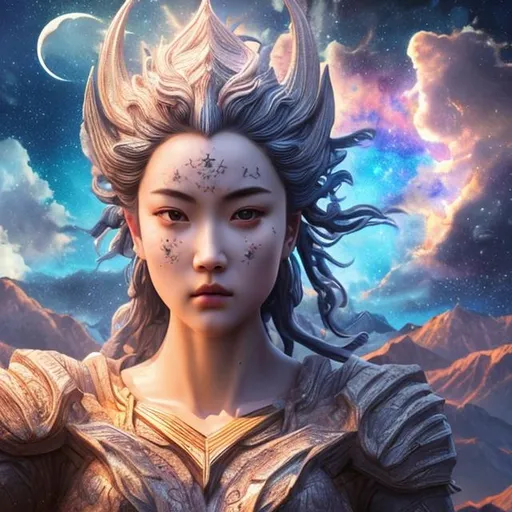 Prompt: (extremely detailed) (hyper realistic) (sharp detailed) (cinematic shot) (masterpiece)female god from above, centered,selfie pose, moonlight, extraordinary shot, night sky, mountains, river, stars, nebula ,clouds, stunning beauty, 3D illustration, high resolution, reflactions.