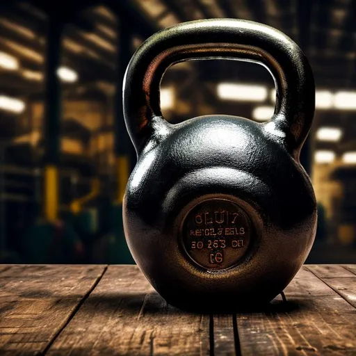 Prompt:  A photo of a kettlebell in an industrial warehouse, dingy lightings, steampunk, ultra realistic 