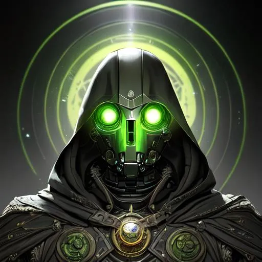 Prompt: portrait of warforged warlock with short, green eyes, black cloak , in green magitek background, D&D setting, perfect composition, hyperrealistic, super detailed, 8k, high quality, trending art, trending on artstation, sharp focus, studio photo, intricate details, highly detailed, by greg rutkowski and alphonse mucha