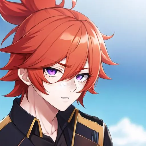 Prompt: Erikku male (short ginger hair, freckles, right eye blue left eye purple) UHD, 8K, Highly detailed, insane detail, best quality, high quality, Upset