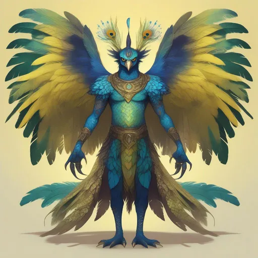 Prompt: Full body of a male harpy. He has blue and purple feathers on his face and skin. His hair is made of peacock feathers. He has two large wings. He has a long tail covered in feathers. He has black claws. He has glowing tattoos on his skin. His skin is covered in feathers and scales. His eyes are yellow with slit pupils. His legs are covered in black scales and he has black claws like a raven. He has golden tattoos and gold eyes.

He stands on a cliff with his large wings spread wide. His tail is curved and expressive. Behind him is a lush forest.

Human, male, elf, harpy, dungeons and dragons, pathfinder, oil painting, UHD, hd , 8k eyes, detailed face, big anime dreamy eyes, 8k eyes, intricate details, insanely detailed, masterpiece, cinematic lighting, 8k, complementary colors, golden ratio, octane render, volumetric lighting, unreal 5, artwork, concept art, cover, top model, light on hair colorful glamourous hyperdetailed medieval city background, intricate hyperdetailed breathtaking colorful glamorous scenic view landscape, ultra-fine details, hyper-focused, deep colors, dramatic lighting, ambient lighting god rays, flowers, garden | by sakimi chan, artgerm, wlop, pixiv, tumblr, instagram, deviantart