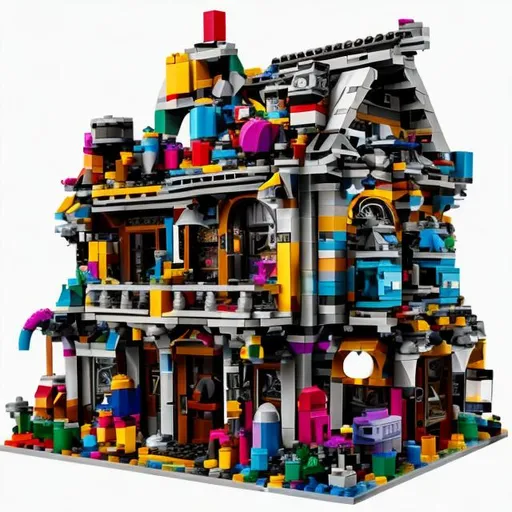 Prompt: Overlapping blocks of Lego turns into a unique shack and brand name,  "LegoShackMY" is highlighted. Artistic and futuristic themed. 