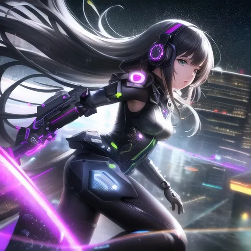 Prompt: majestic futuristic vibes outdoors cuberpunk slums, black tone dark outdoors background, fullbody anime style picture with a very intricate world full body image of cute girl in futuristic gear and weapon next to a mech vehicle in a cuberpunk world, intricate landscape, downward angle full bodyand small waist perfect face, refracting,neon lights, wearing gaming headphones synthwave style , cute anime girl,perfect composition, hyperrealistic, render, super detailed, 8k, high quality, trending art, intricate details, highly detailed, creative, glistening, refracting, leaves art, smooth shiny lighting, light reflect off skin hyper realistic,hdr, micro details, dark anime details, perfect compensition western battle background, perfect composition, hyperrealistic, render, super detailed, 8k, high quality, trending art, trending on artstation, sharp focus, studio photo, intricate details, highly detailed, creative, hair, fan art, glistening, futuristic goggles gamer, very cool detailed, realistic smooth lighting, side view, realistic, sharp lines, black tone background