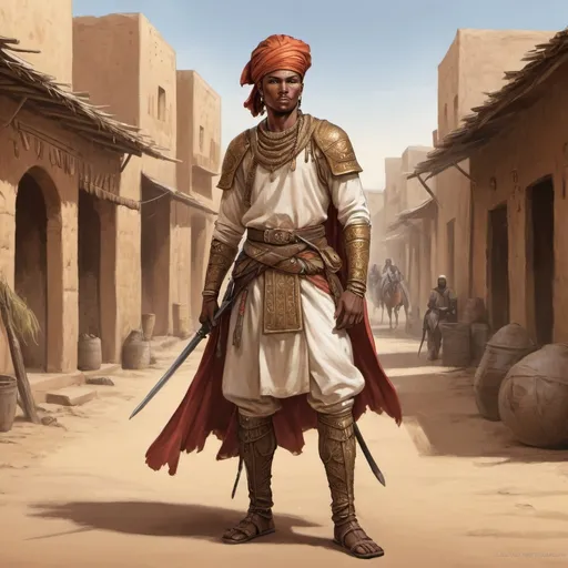 Prompt: Full body, Fantasy illustration of a male farariya, mali empire cavalry warrior, 25 years old, kind expression, traditional garment, high quality, rpg-fantasy, detailed, mali empire town background