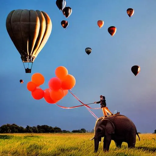 Prompt: An elephant being lifted up, on the air,  by balloons at twilight in ultra-realistic photo