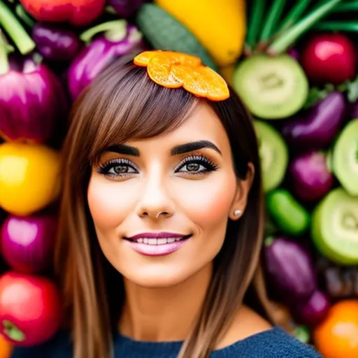 Prompt: Upclose Portrait of pretty lady symmetrical face backdrop of colourful fruit and vegetable stall