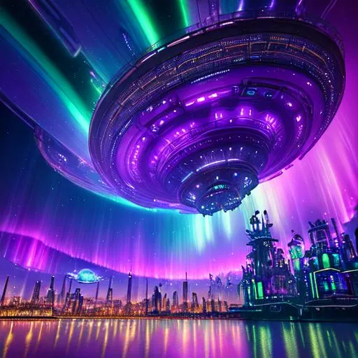 Prompt: A surreal steampunk floating city surrounded by a purple-hued aurora borealis, populated with strange flying animals and plants, rendered in a futuristic sci-fi style, featuring neon lights and metallic textures, abstract, dreamlike, dystopian, 8k, intricate details