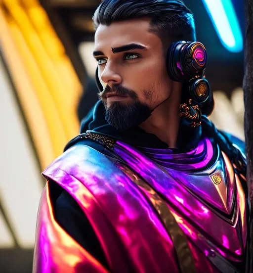 Prompt: Men  with gray hair and colorful facial tattoos, in the style of futuristic settings, violet and bronze, robotics kids, photorealistic fantasies, schlieren photography, medieval fantasy, close-up shots