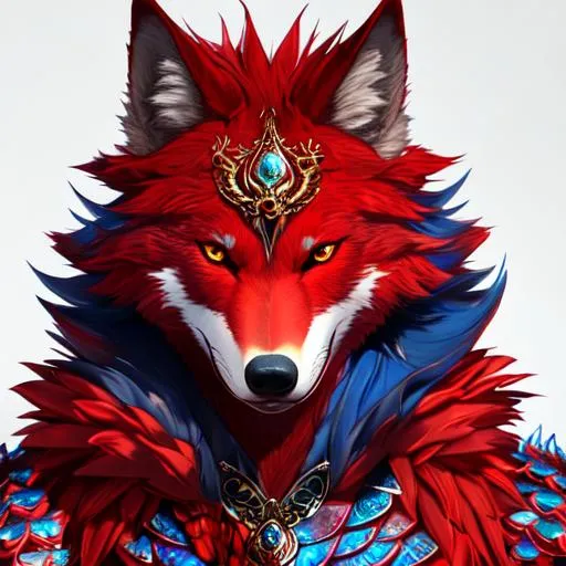 Prompt: This work of art on FurAffinity depicts a marvelous and quite remarkable creature with scales of a striking and vivid shade of red covering its anthropomorphic male body and a delightful mixture of colors and textures in the form of blue fur covering the body of a male wolf which has also been anthropomorphized