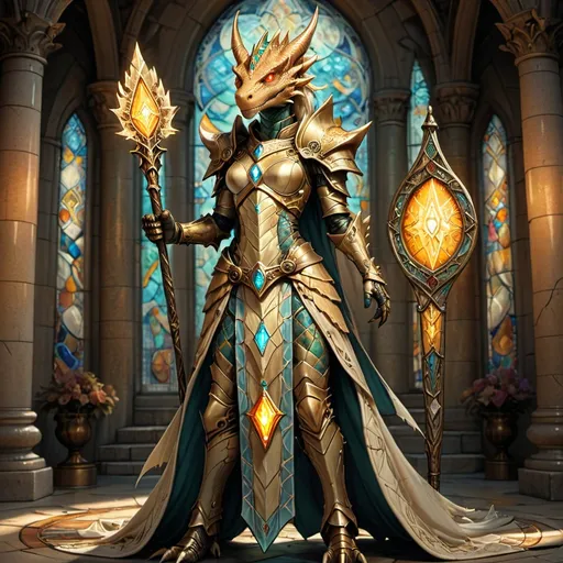 Prompt: Female dragonborn cleric, slender full-body pose, mystical aura, clad in intricately designed armor adorned with symbols of faith, glowing runes, carrying a staff crowned with a radiant gem. Background of an ancient temple, ambient light filtering through ornate stained glass, warm colors casting an enchanting glow, atmospheric yet empowering, ultra-detailed, stunning fantasy art.