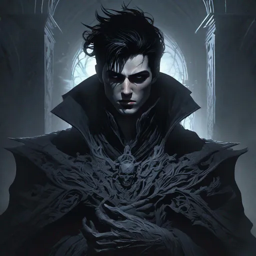 Prompt: (concept art of detailed character design), Character art of a young male shadow sorcerer, detailed face, black clothes, black hair, black mist coming out of hand, wearing a long coat, Gloomy lighting, in a dark room, moonlight, Fantasy, digital art, 8k, trending on artstation,  by Greg Rutkowski, insanely detailed, trending on art station, by pascal blanche, Rutkowski, D&D character art