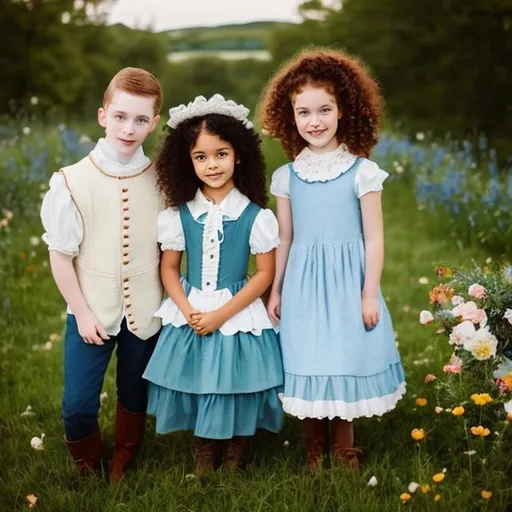 Prompt: Black hair men with blue eyes, pale skin,and little girl, red curly hair,18th century cottagecore aesthetic