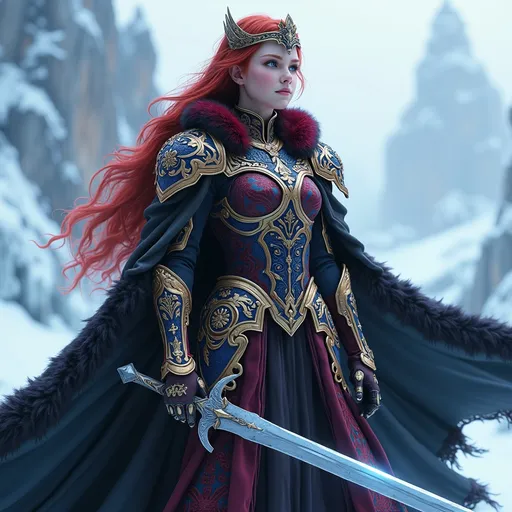 Prompt: (full-body pose), (Anna from Frozen), (long red hair), wearing dazzling intricate Celtic embroidered red and blue futuristic cybernetic armor that glimmers with intricate details, adorned with a long flowing black and gold fur cloak that elegantly trails behind her. A shiny crown rests upon her head, reflecting soft, cool-toned lighting.  A glowing sword in her hand is pointed forward. The background features a mystical, icy landscape under a bright, ethereal sky. Ultra-detailed, 4K quality, cinematic atmosphere.