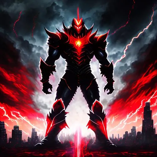 Prompt: (mega detailed) (4x+anime) Dark demon god standing, 100 feet tall, (black and red armor) (Black and red lightning blot imprint) black and red lightning skies. large sword in his hand, burning city behind