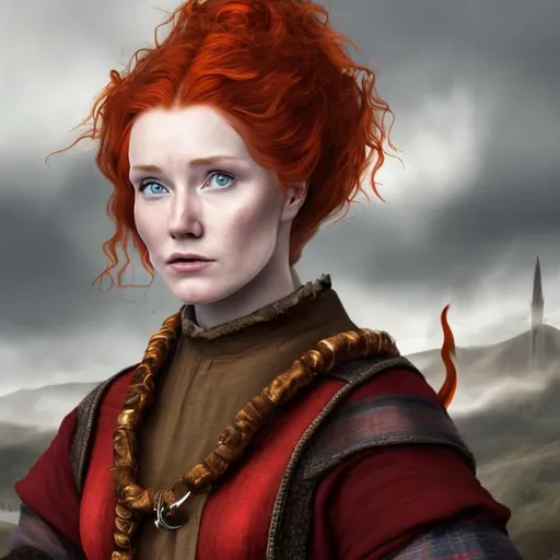 Prompt: hyper realistic of a 15th century scottish woman with flaming red hair
